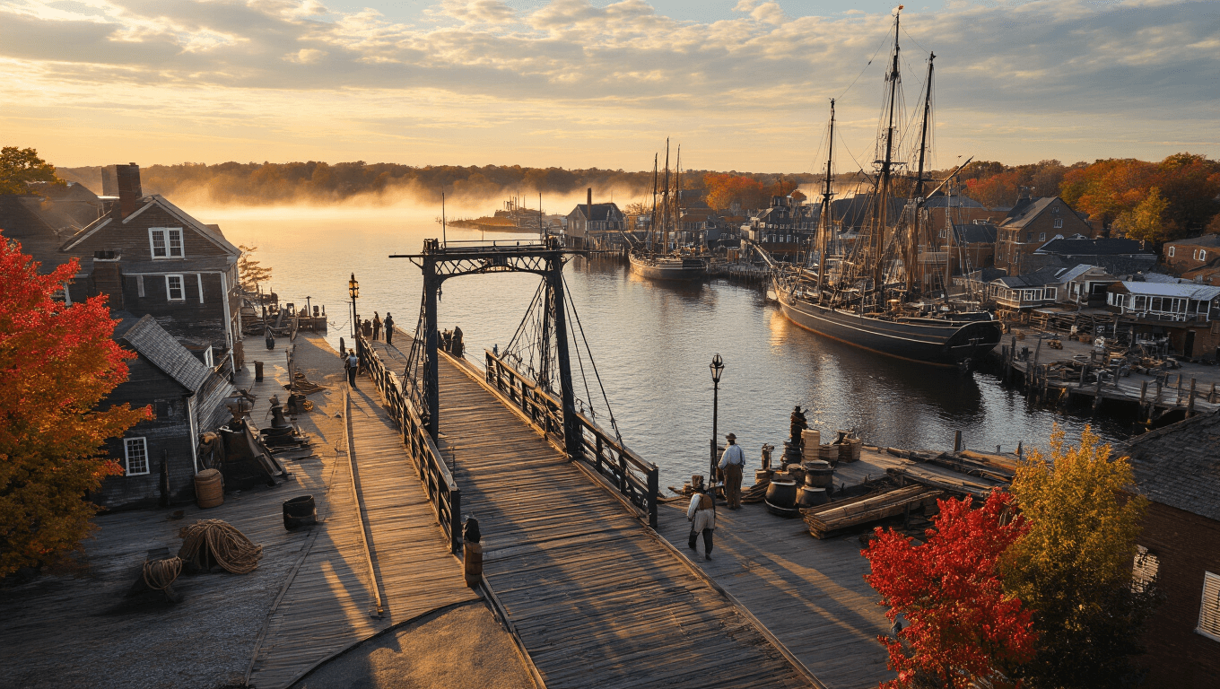 "Aerial view of Mystic, Connecticut's historic waterfront at golden hour featuring Bascule Drawbridge, Mystic River, 19th-century buildings, tall-masted sailing ships, craftsmen in period costume, and maritime artifacts framed by autumn foliage."