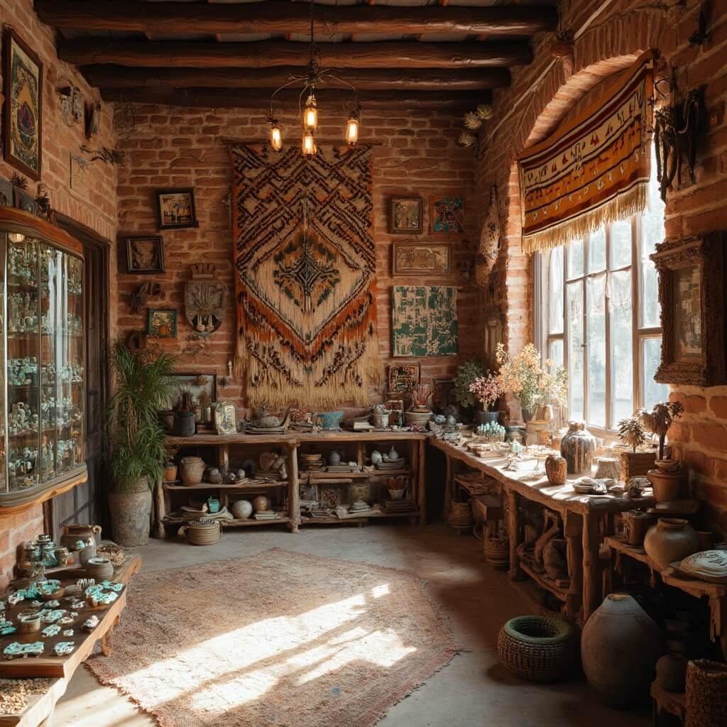 Prescott, Arizona: The Wild West Town That Time Forgot (But You'll Want to Discover) Interior of a Native American craft boutique with handwoven Navajo rugs, turquoise jewelry in display cases, and hand-crafted pottery on wooden shelves, lit by natural light from large windows