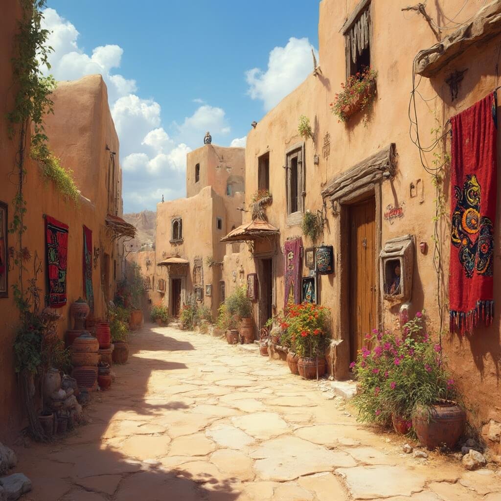 Taos Unfiltered: The Hidden Gem of New Mexico That'll Blow Your Mind Vibrant panoramic scene showing the intersection of Native American and Spanish cultures with traditional adobe architecture, colorful art gallery displays, intricate textile and pottery details, all highlighted by soft natural lighting.
