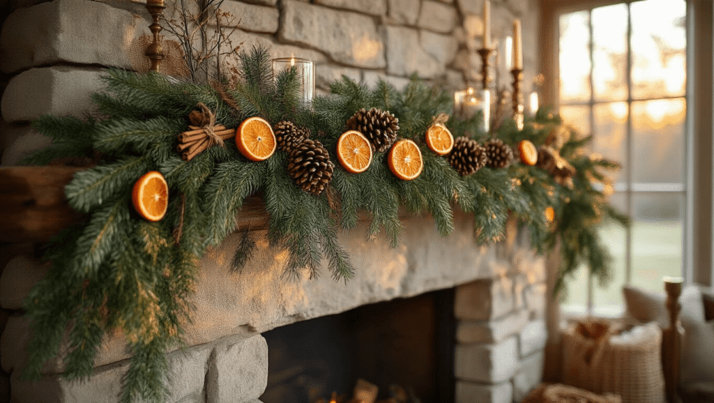 Natural Christmas Decor: Creating a Cozy, Eco-Friendly Holiday Haven Cinematic wide-angle shot of a rustic fireplace mantel adorned with evergreen garland, dried orange slices, pinecones, cinnamon bundles, and birch branches in glass vases, illuminated by golden hour light, creating a cozy, eco-friendly Christmas ambiance.