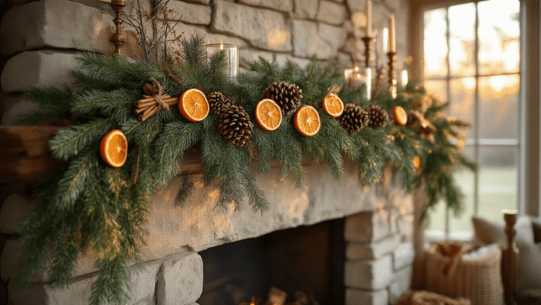 Natural Christmas Decor: Creating a Cozy, Eco-Friendly Holiday Haven Cinematic wide-angle shot of a rustic fireplace mantel adorned with evergreen garland, dried orange slices, pinecones, cinnamon bundles, and birch branches in glass vases, illuminated by golden hour light, creating a cozy, eco-friendly Christmas ambiance.