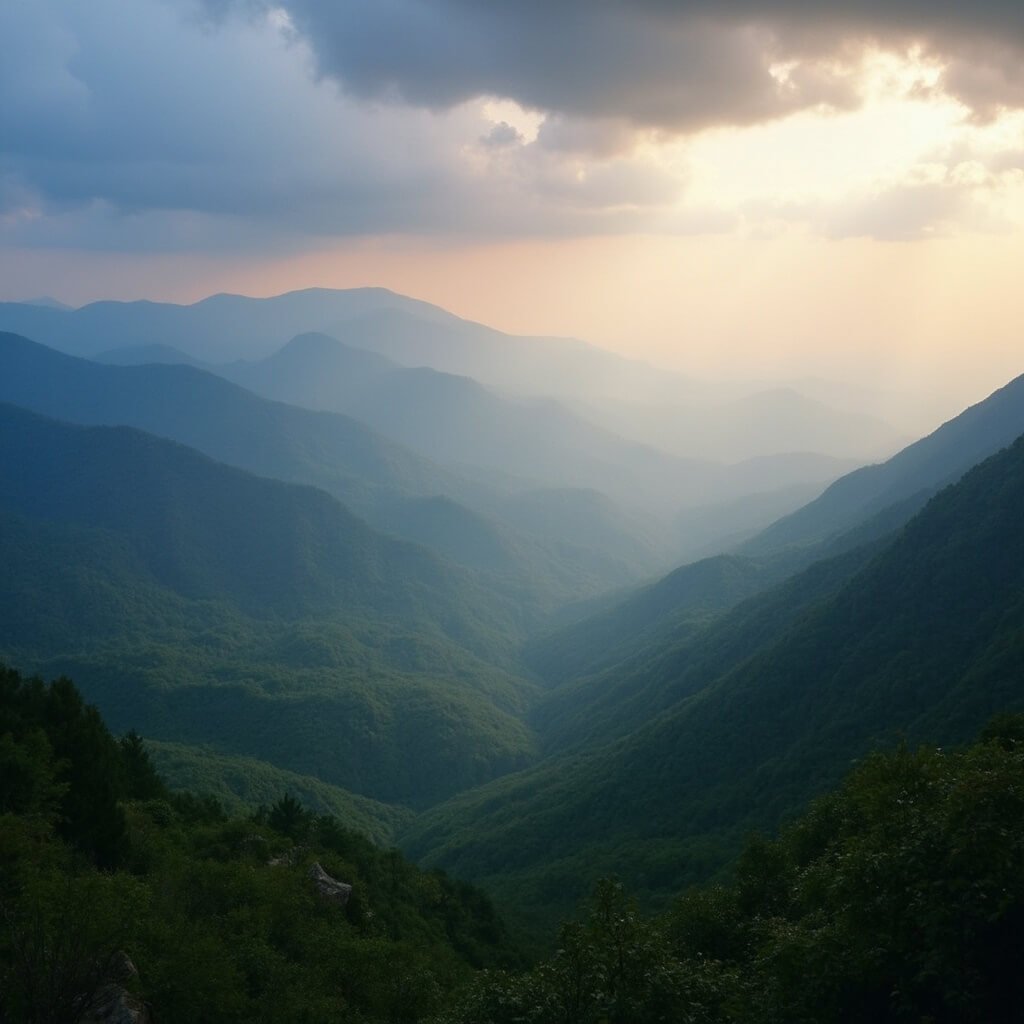 Dahlonega: Where Gold's Glimmer Meets Mountain Majesty Panoramic view of North Georgia Mountains at sunset with misty valleys, green forests, and dramatic clouds