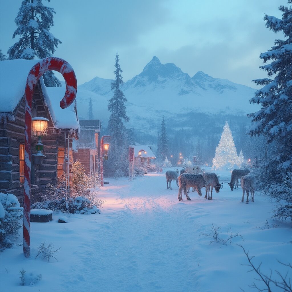 8 Magical Small Towns That Turn Christmas into a Fairytale Experience Winter landscape in North Pole, Alaska featuring candy cane street lamps, frosted log cabins, grazing reindeer, ice sculptures, a backdrop of mountains and pines, under soft twilight lighting.