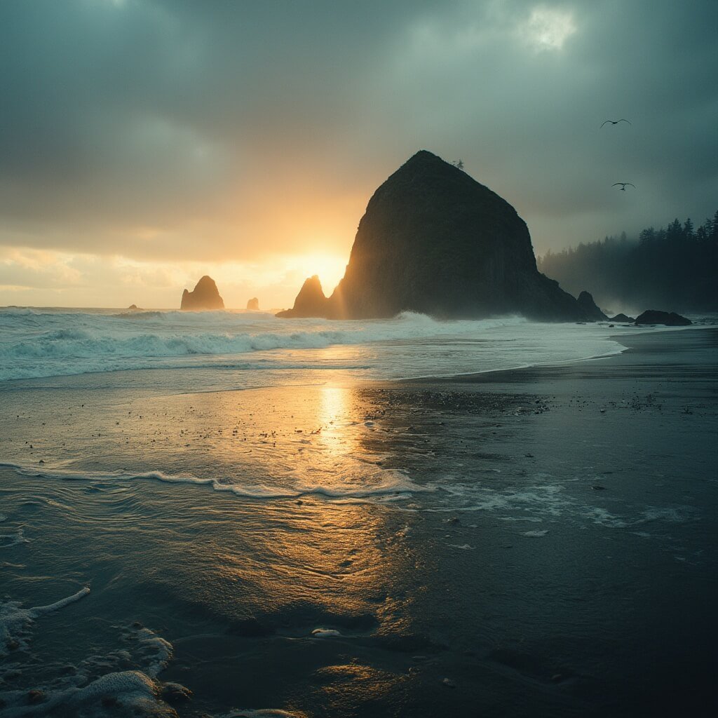 Discover Your Perfect Coastal Getaway: 17 Hidden Gem Small Towns That'll Make You Forget City Stress Forever Dramatic sunset at Cannon Beach, Oregon with Haystack Rock formation amid misty waters, surrounded by tide pools, dense evergreen forests, low-hanging clouds, and scattered seabirds, under natural deep green, slate blue, and golden hour lighting.