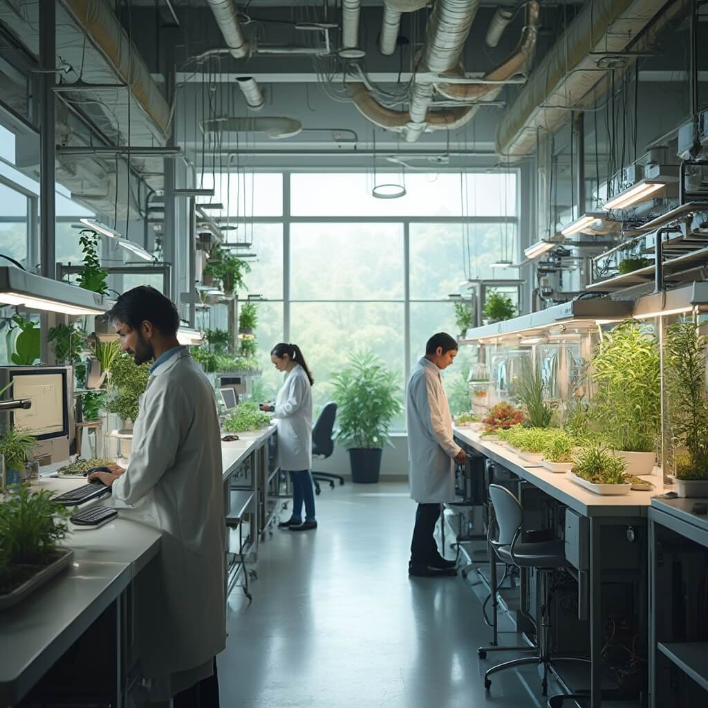 Stillwater, Oklahoma: The Hidden Gem of College Towns You Never Knew Existed Scientists at Oklahoma State University's modern research laboratory working on sustainable farming technology, hydroponics, experimental crops, and data analysis, in a naturally-lit setting filled with glass plant specimen containers and innovative irrigation systems