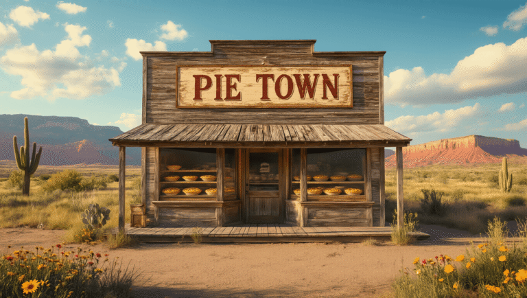 Pie Town, New Mexico: Where Roadside Legends Are Baked to Perfection "Vintage Pie Town shop in rural New Mexico featuring rustic wooden signage, porch and display window with fresh pies against the backdrop of red mesas and a turquoise sky, framed by wildflowers and cacti, illuminated by the golden afternoon sun"
