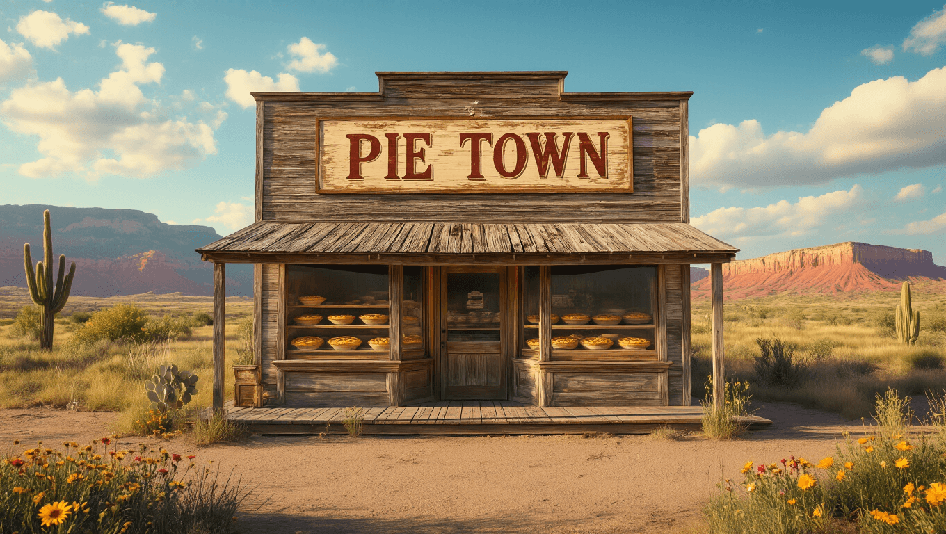 "Vintage Pie Town shop in rural New Mexico featuring rustic wooden signage, porch and display window with fresh pies against the backdrop of red mesas and a turquoise sky, framed by wildflowers and cacti, illuminated by the golden afternoon sun"