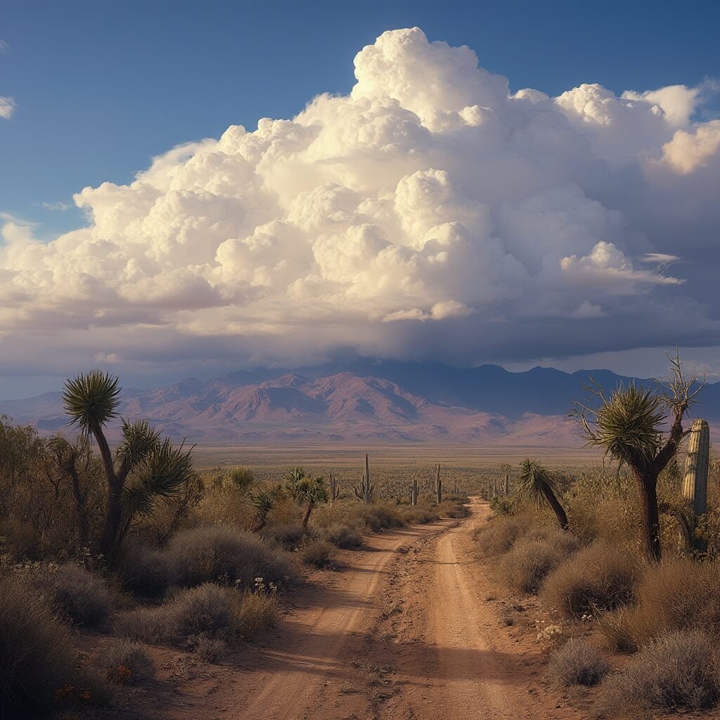 Dramatic desert landscape of Pie Town with storm clouds approaching over distant purple mountains, golden sunlight illuminating the rugged terrain, and wind-swept juniper trees and yucca plants in foreground.
