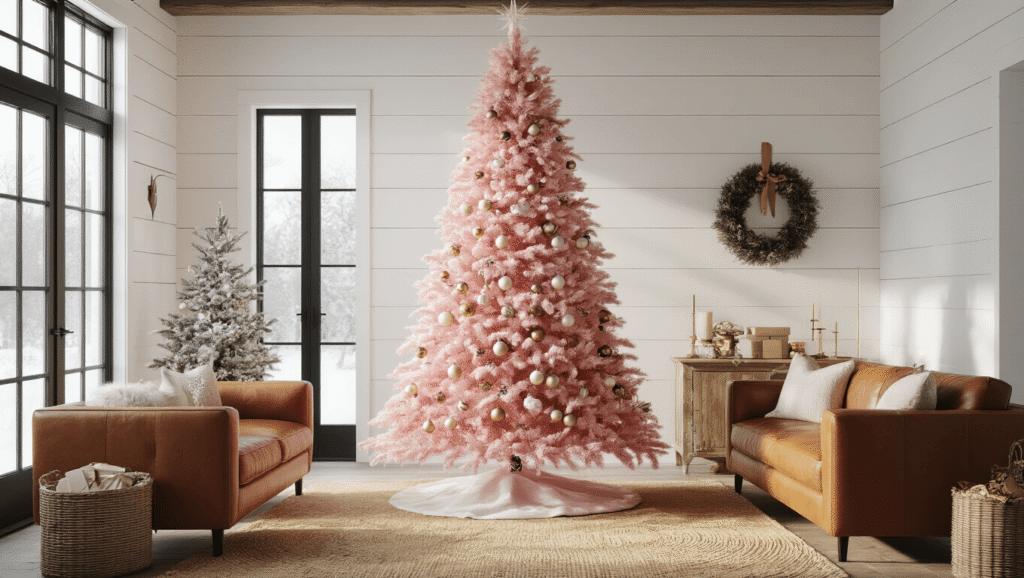 Pink Christmas Trees: A Festive and Fabulous Holiday Statement A modern farmhouse living room with a large matte pink Christmas tree adorned with metallic ornaments and ribbon, surrounded by cognac leather furniture and a jute rug, illuminated by golden hour sunlight through black-framed windows.