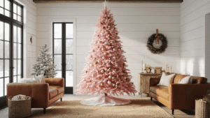Pink Christmas Trees: A Festive and Fabulous Holiday Statement A modern farmhouse living room with a large matte pink Christmas tree adorned with metallic ornaments and ribbon, surrounded by cognac leather furniture and a jute rug, illuminated by golden hour sunlight through black-framed windows.