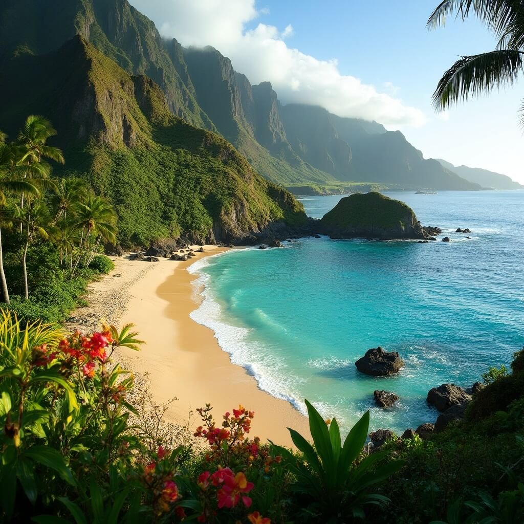 Discover Your Perfect Coastal Getaway: 17 Hidden Gem Small Towns That'll Make You Forget City Stress Forever Morning view of Po'ipū, Kaua'i showcasing lush rainforest, volcanic mountains, turquoise waters, palm-lined beach, and tropical flowers.