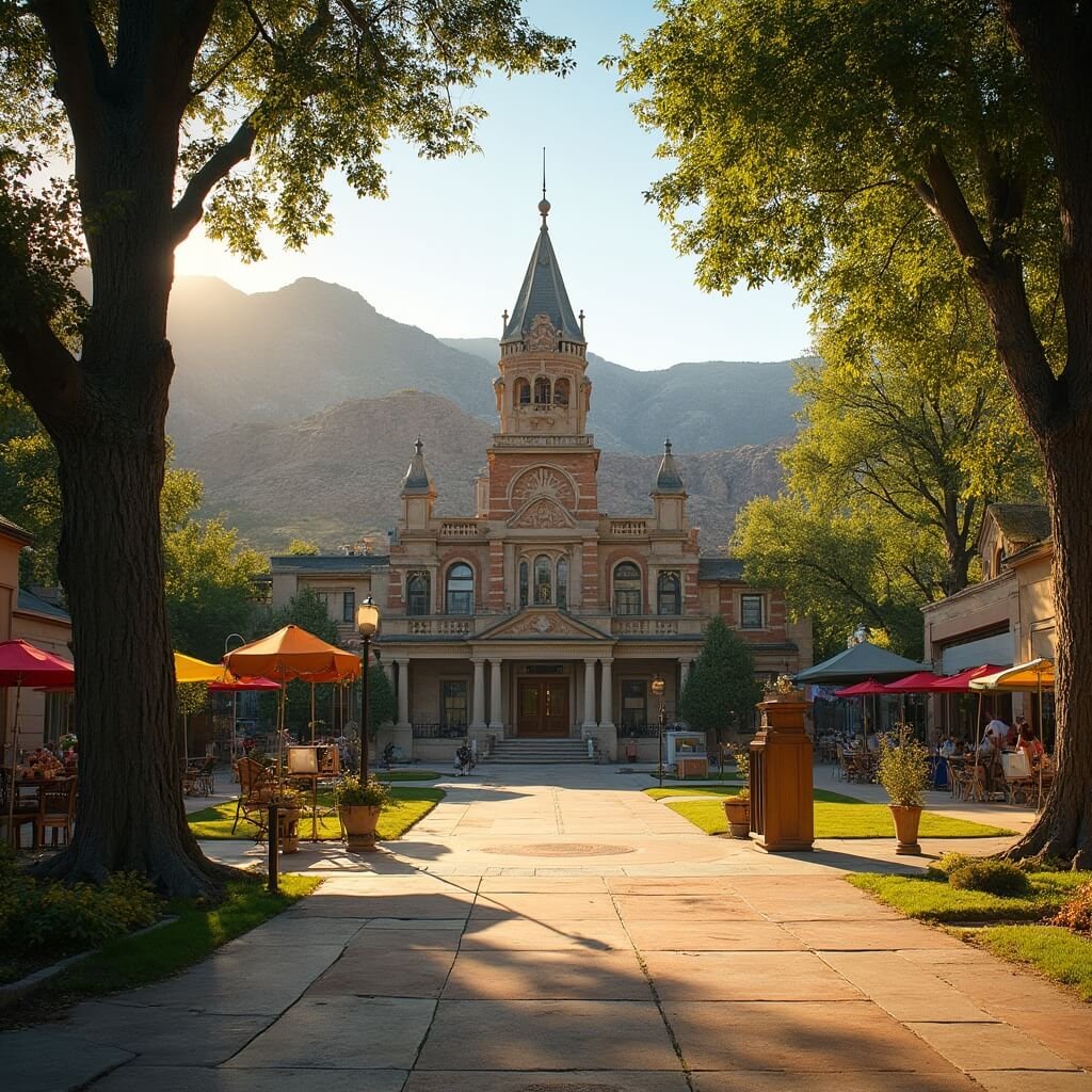 Prescott, Arizona: The Wild West Town That Time Forgot (But You'll Want to Discover) Panoramic view of Prescott's historic Courthouse Plaza with Victorian architecture, elm trees, Bradshaw Mountains background, manicured lawns, and vintage gazebo at golden hour