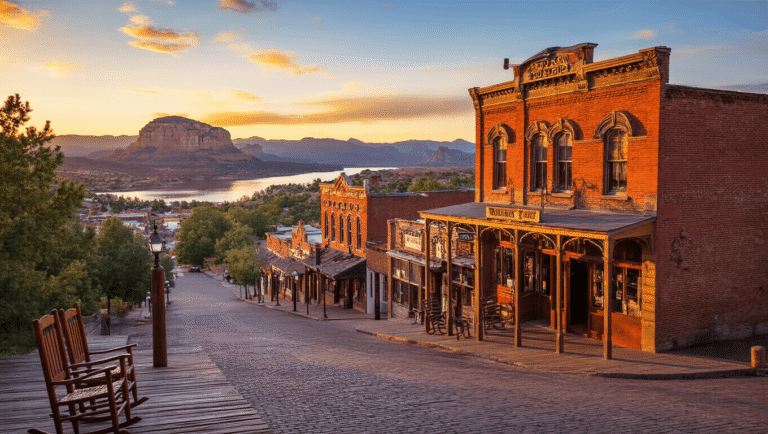 Prescott, Arizona: The Wild West Town That Time Forgot (But You'll Want to Discover) "Sunset over Prescott's Whiskey Row, featuring Victorian-style buildings, the Palace Saloon, wooden sidewalks lined with rocking chairs and hitching posts, with Watson Lake and the Bradshaw Mountains in the distance."