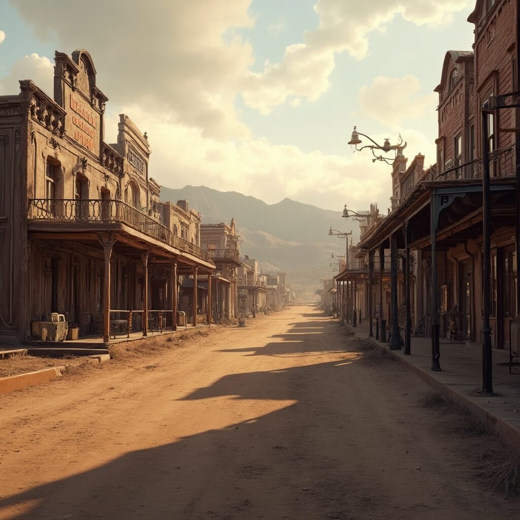 Prescott, Arizona: The Wild West Town That Time Forgot (But You'll Want to Discover) Vintage wooden buildings of Whiskey Row in Prescott, Arizona at golden hour with weathered saloon facades, an empty dirt street, distant mountains, and soft warm lighting casting long shadows on hyper-detailed western architecture with no modern elements