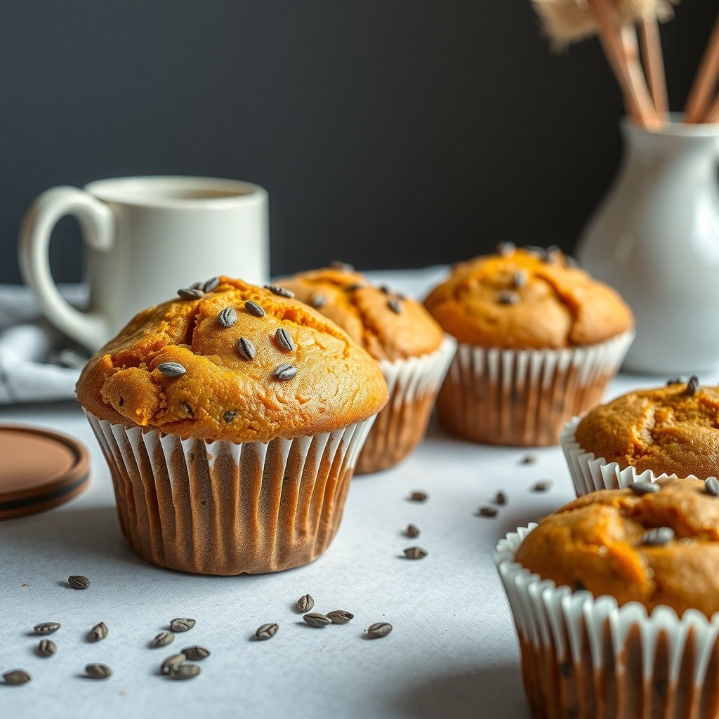 30 Delicious Pumpkin Muffin Recipes to Try This Fall Pumpkin muffins with chia seeds, displayed next to a cup of coffee.