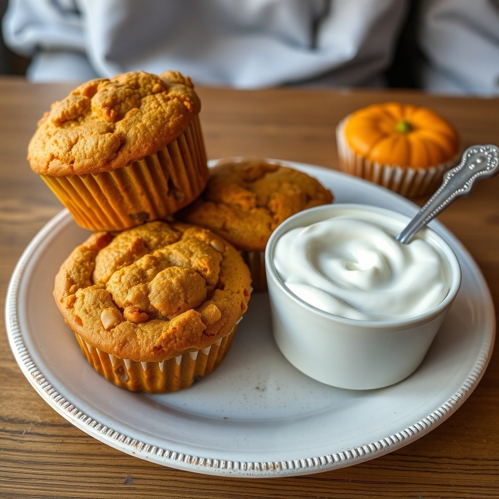 30 Delicious Pumpkin Muffin Recipes to Try This Fall A plate of pumpkin muffins with a bowl of yogurt