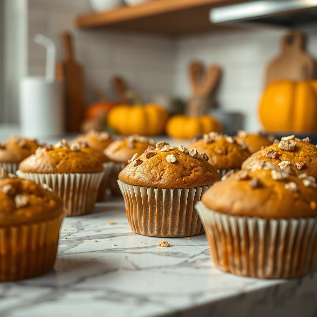 30 Delicious Pumpkin Muffin Recipes to Try This Fall A close-up of freshly baked pumpkin muffins topped with maple sugar, arranged on a marble countertop with small pumpkins in the background.