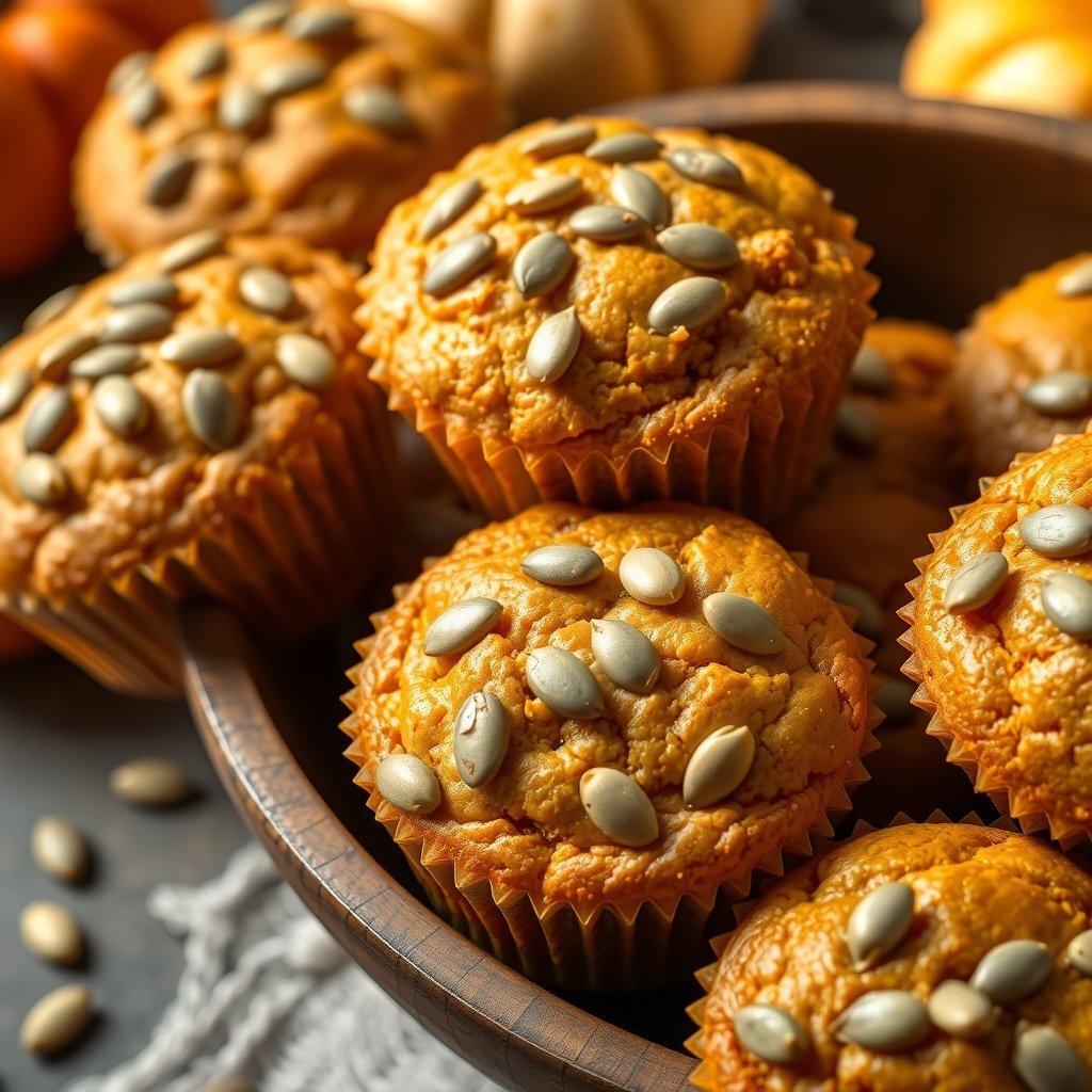 30 Delicious Pumpkin Muffin Recipes to Try This Fall A bowl of freshly baked pumpkin muffins topped with sunflower seeds