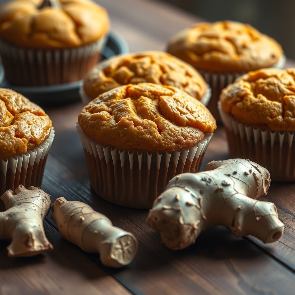 30 Delicious Pumpkin Muffin Recipes to Try This Fall Delicious pumpkin muffins with ginger on a wooden table, surrounded by fresh ginger roots.