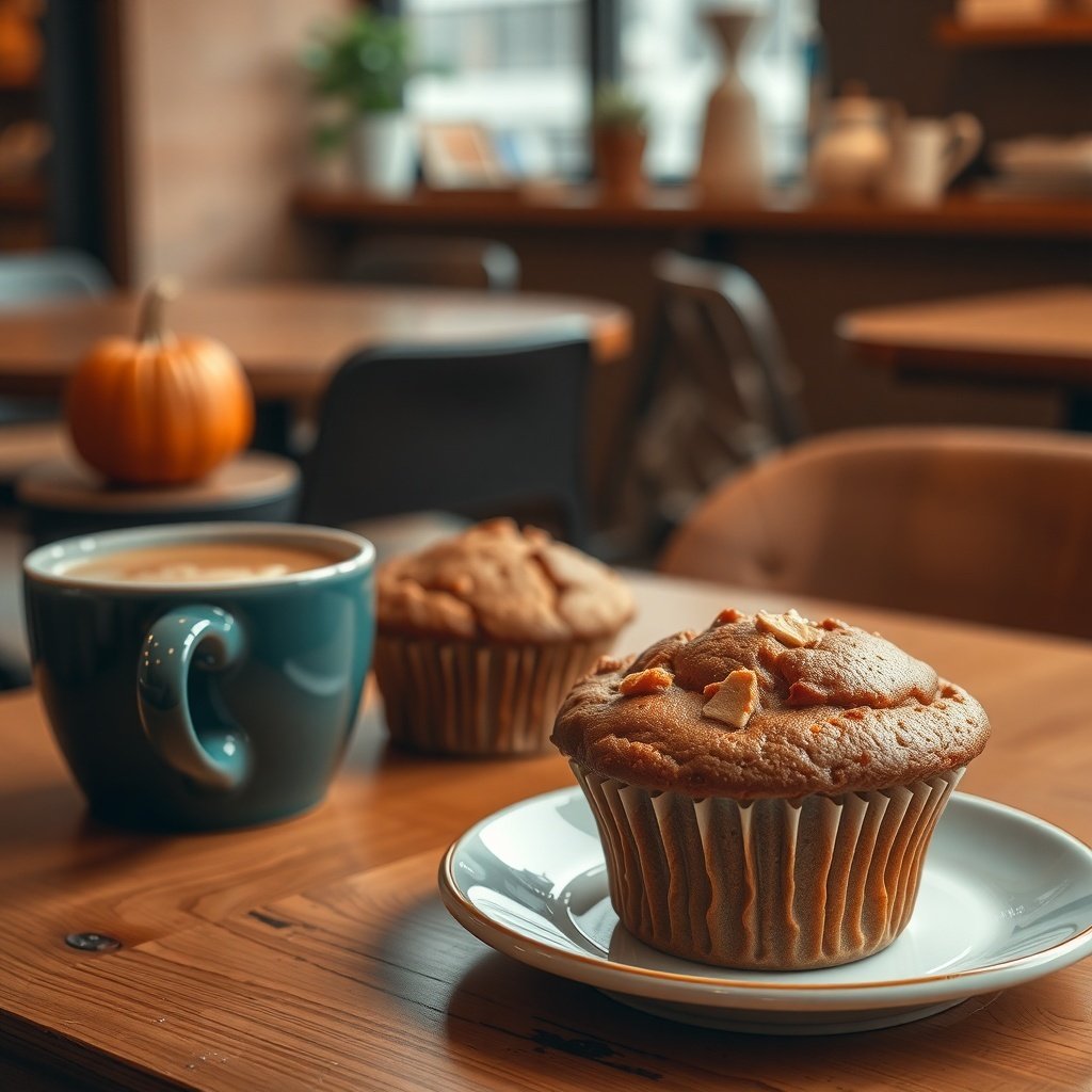 30 Delicious Pumpkin Muffin Recipes to Try This Fall Pumpkin muffins on a plate next to a cup of coffee in a cozy café setting.