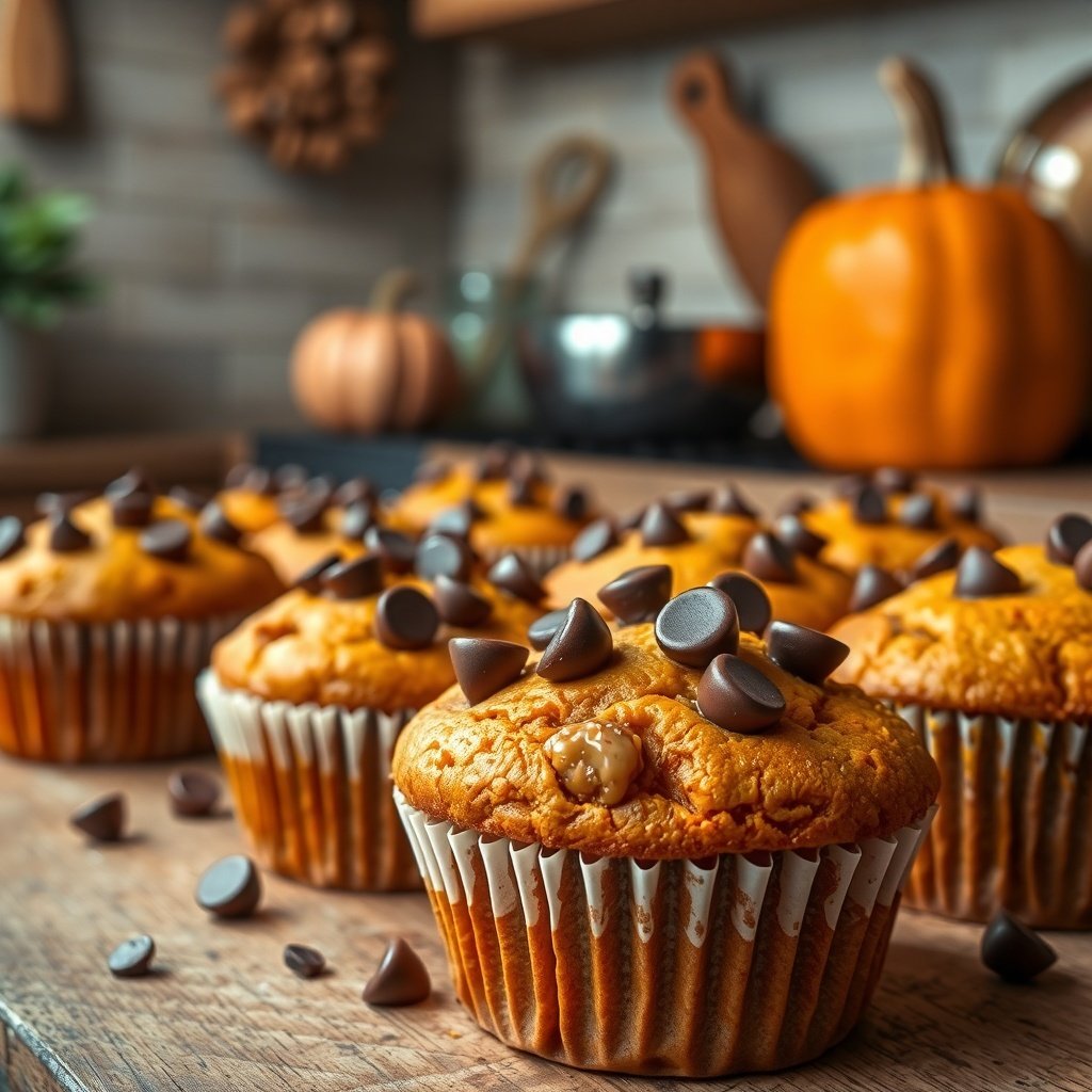 30 Delicious Pumpkin Muffin Recipes to Try This Fall Freshly baked chocolate chip pumpkin muffins on a wooden table with a cozy kitchen background.