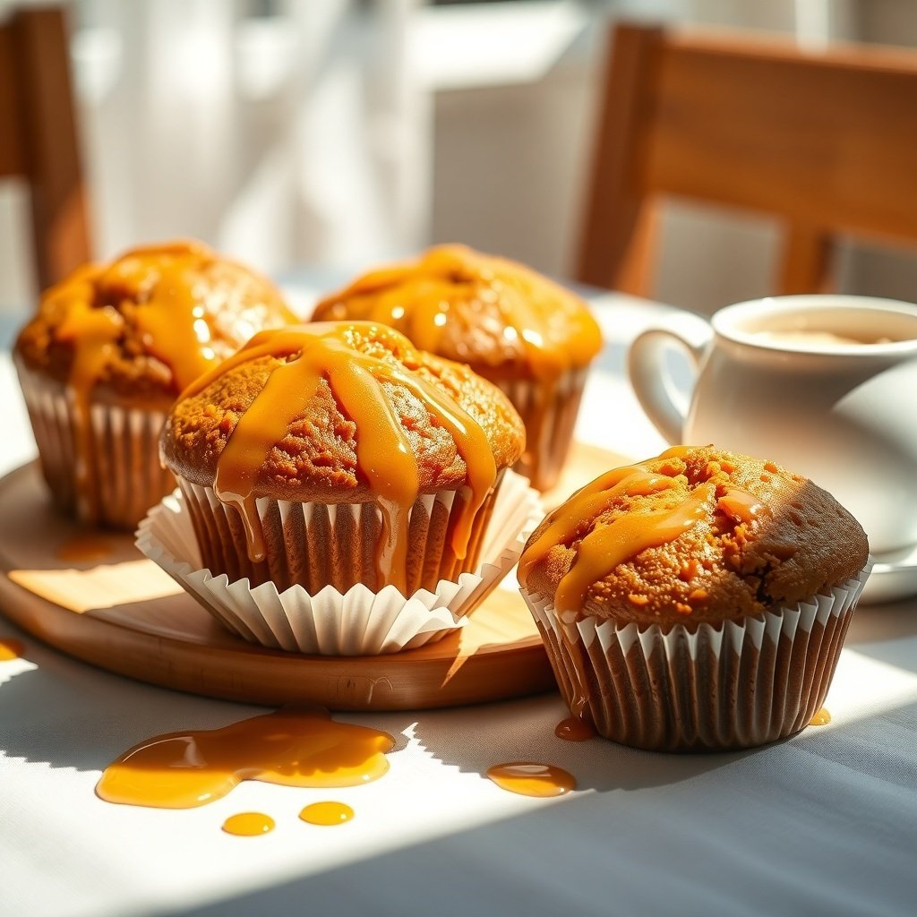 30 Delicious Pumpkin Muffin Recipes to Try This Fall Delicious pumpkin muffins topped with honey glaze on a wooden plate, with a cup of coffee in the background.