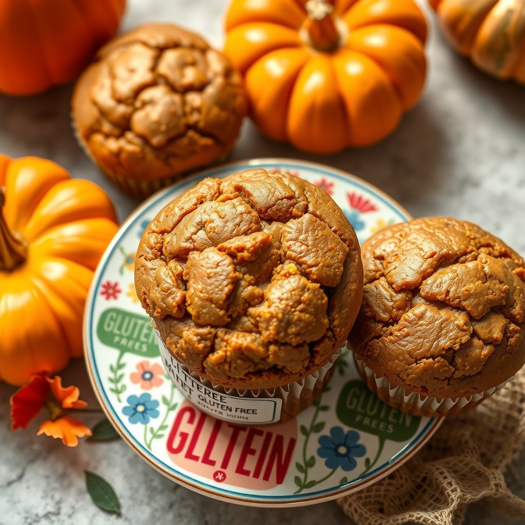 30 Delicious Pumpkin Muffin Recipes to Try This Fall Gluten-free pumpkin muffins on a decorative plate with small pumpkins in the background.