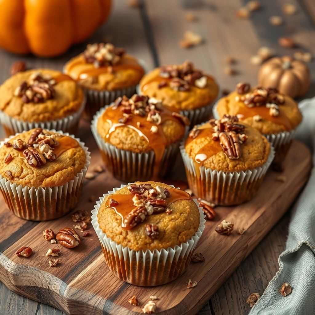30 Delicious Pumpkin Muffin Recipes to Try This Fall Delicious pumpkin muffins topped with pecans and maple syrup on a wooden board.