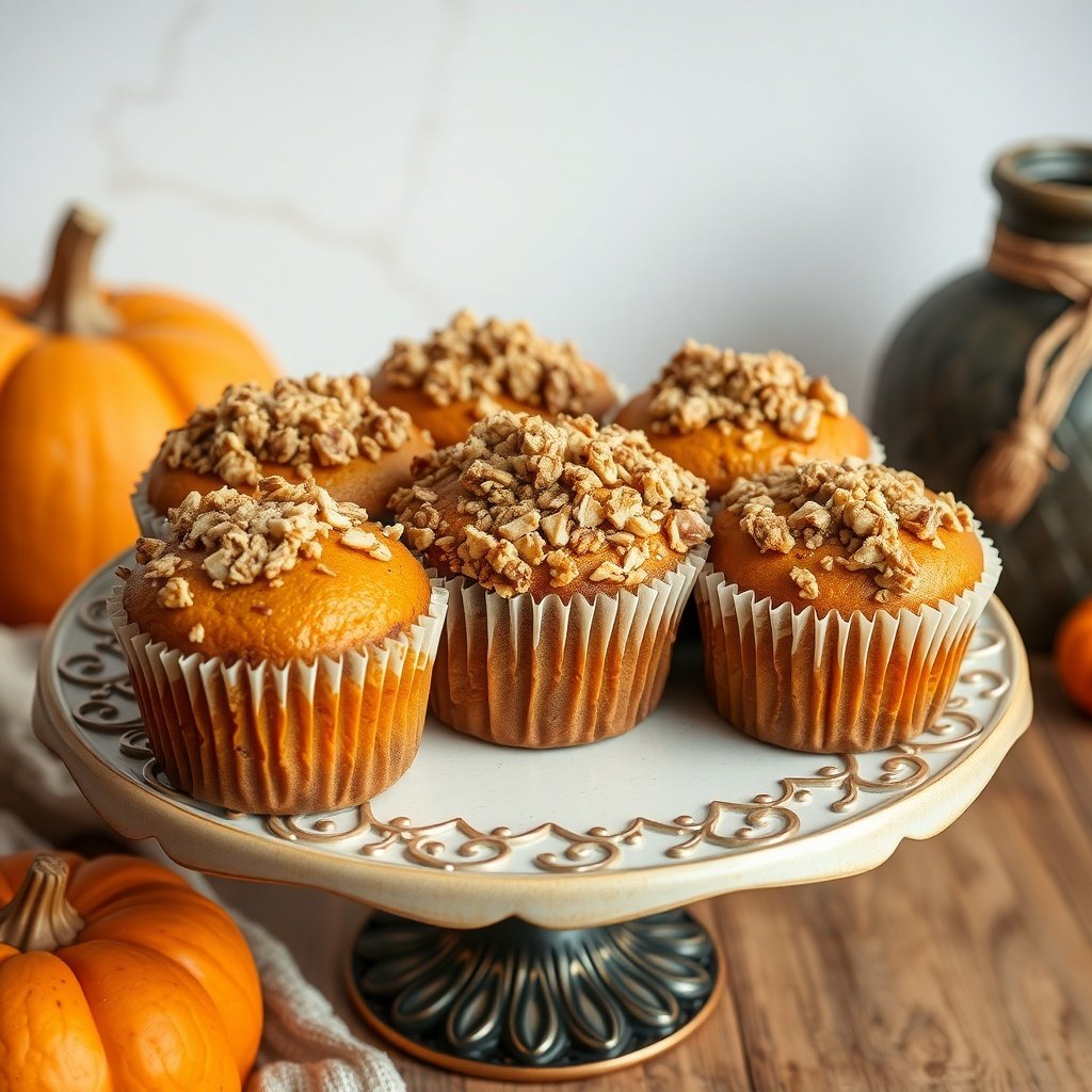 30 Delicious Pumpkin Muffin Recipes to Try This Fall Pumpkin muffins with streusel topping on a decorative cake stand, surrounded by pumpkins.