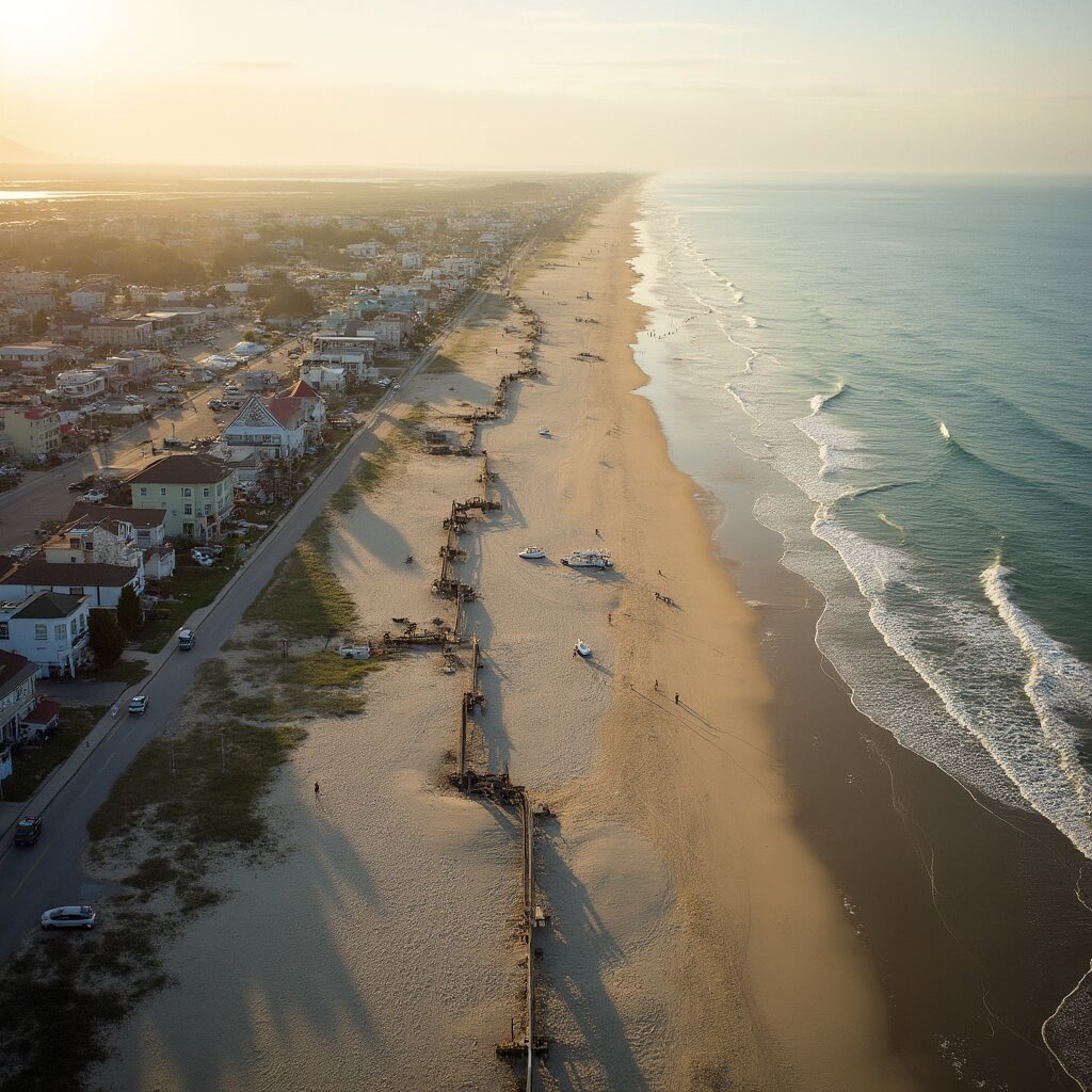 Rehoboth Beach, Delaware: Where Small Town Meets Coastal Magic Aerial view of Rehoboth Beach at golden hour with a wide sandy shoreline, wooden boardwalk, pastel-colored beach town buildings, and a cream-colored coastline with gentle ocean waves, devoid of people.