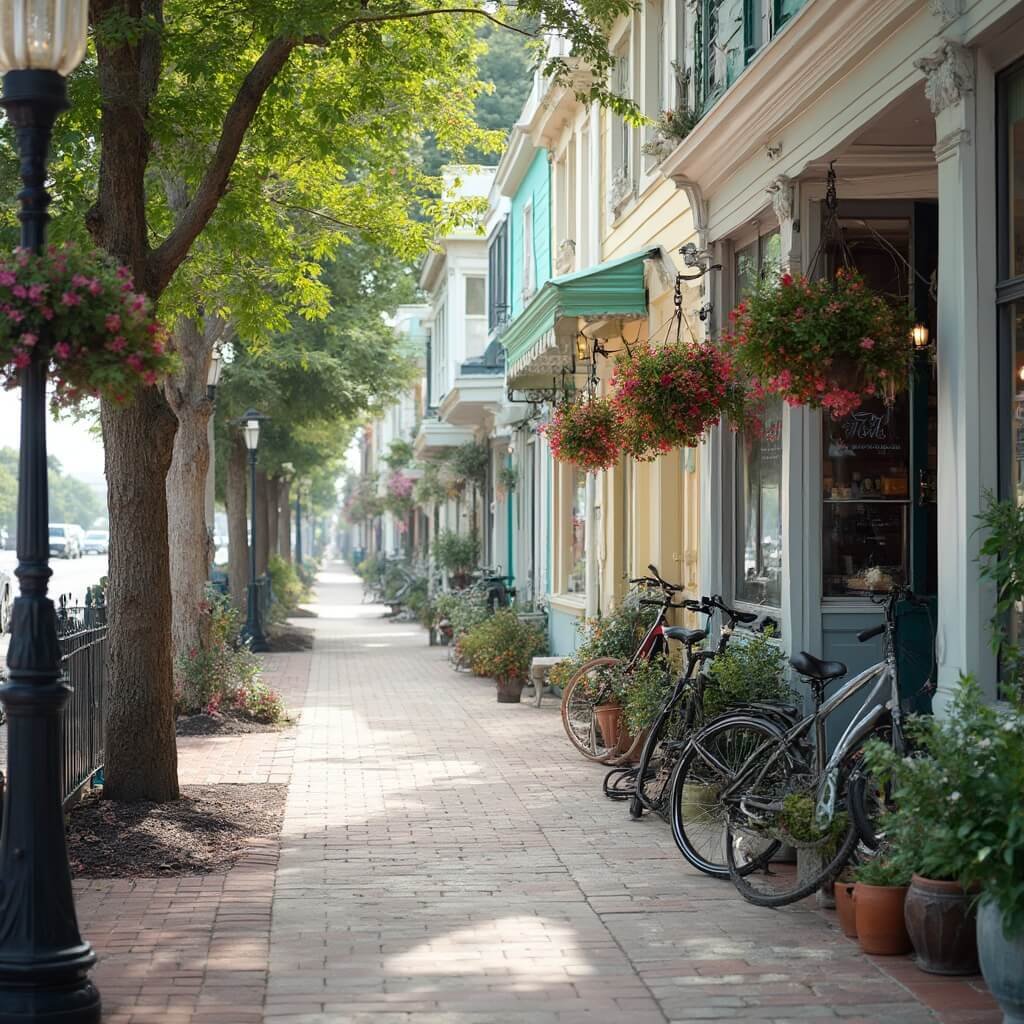 Rehoboth Beach, Delaware: Where Small Town Meets Coastal Magic Tree-lined pedestrian street in downtown Rehoboth Beach with colorful local shops, bicycles leaned against storefronts, lush hanging flower baskets, and nautical elements in soft morning light with no people in frame.
