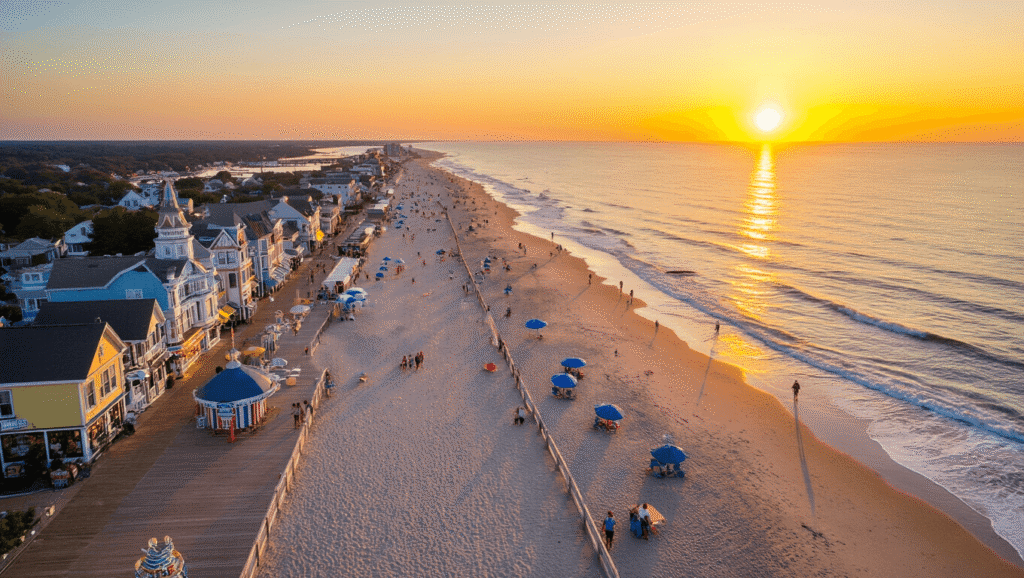 Rehoboth Beach, Delaware: Where Small Town Meets Coastal Magic "Panoramic aerial view of Rehoboth Beach at sunset featuring a mile-long wooden boardwalk, Victorian buildings, local shops, beach umbrellas, and Funland amusement park"
