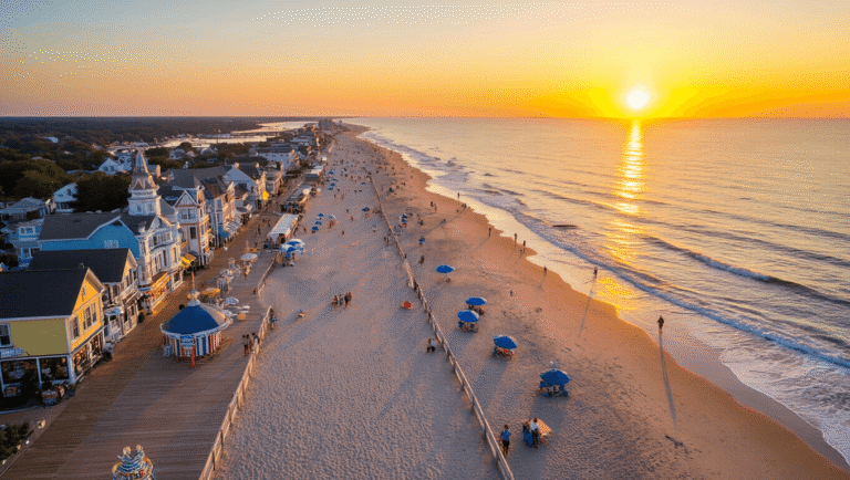 Rehoboth Beach, Delaware: Where Small Town Meets Coastal Magic "Panoramic aerial view of Rehoboth Beach at sunset featuring a mile-long wooden boardwalk, Victorian buildings, local shops, beach umbrellas, and Funland amusement park"