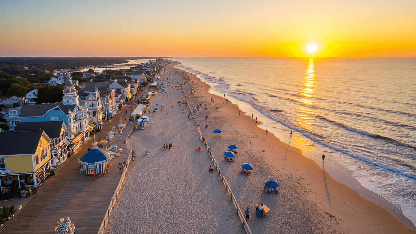 "Panoramic aerial view of Rehoboth Beach at sunset featuring a mile-long wooden boardwalk, Victorian buildings, local shops, beach umbrellas, and Funland amusement park"