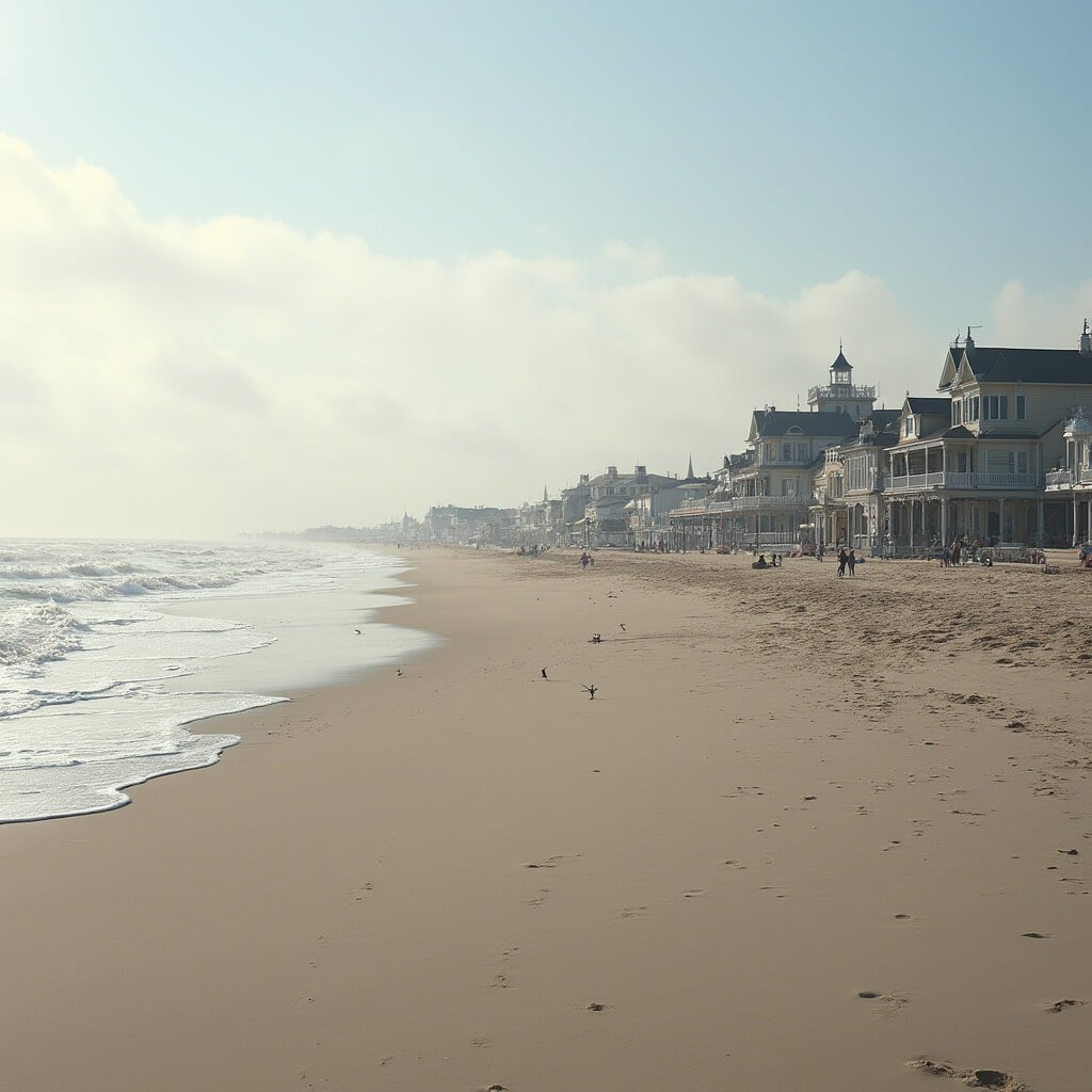 Rehoboth Beach, Delaware: Where Small Town Meets Coastal Magic Serene winter morning at Rehoboth Beach boardwalk with Victorian-style buildings, Tanger Outlets in distance, pristine beaches, and seabirds in photorealistic style