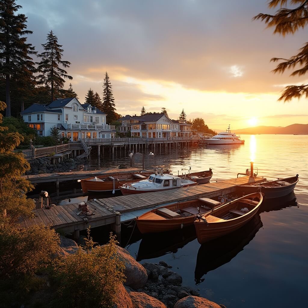 Escape the Ordinary: Uncover the Hidden Gem of Friday Harbor, Washington Serene sunset over Roche Harbor marina with vintage and modern boats, white hotel in the background, and modern art along the shoreline framed by Pacific Northwest evergreens