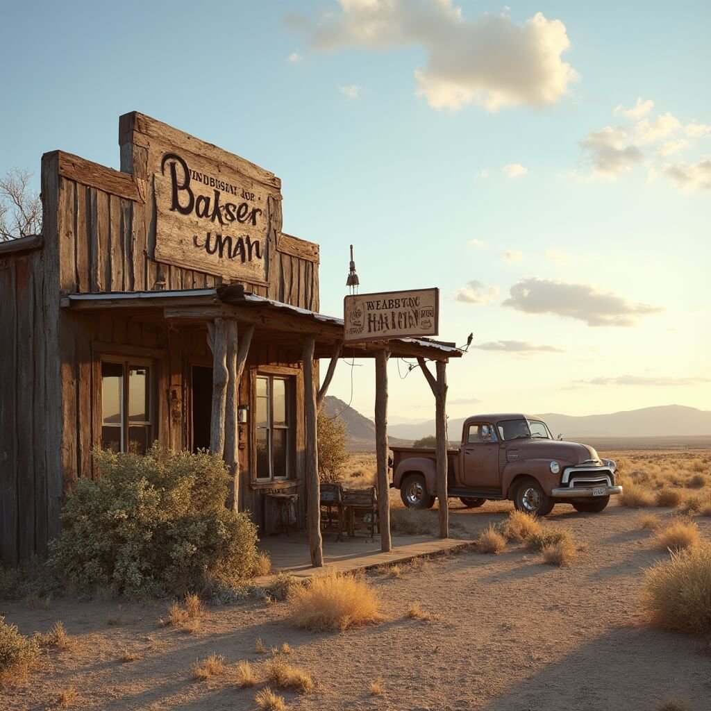 Rustic wooden bakery in remote New Mexico desert with sun-bleached porch, vintage pickup truck, arid terrain and distant mountain silhouettes in golden hour light