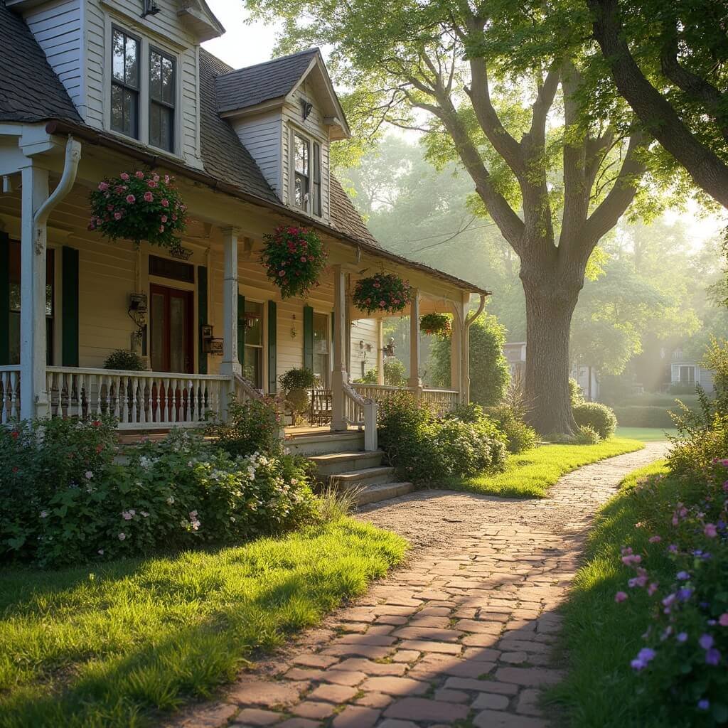 10 Small Town Festivals in the U.S. That Will Blow Your Mind (And Your Travel Plans) Victorian-style bed and breakfast in a rural setting with a wraparound porch, hanging flower baskets, vintage architecture, bathed in morning light, with a garden path, mature trees, and blooming perennials.