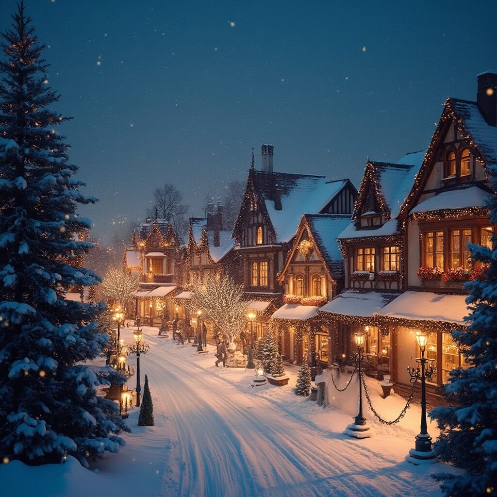 8 Magical Small Towns That Turn Christmas into a Fairytale Experience Panoramic night view of Bavarian-style buildings in Santa Claus, Indiana with thousands of festive lights, decorated evergreen trees, snow-covered streets, and falling snow creating a perfect Christmas atmosphere