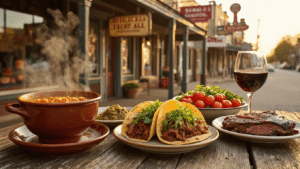 10 Mind-Blowing Small Towns with Food Scenes That'll Make Big Cities Drool "Collage of iconic American dishes including gumbo, brisket tacos, Walla Walla wine, and barbecue, set against a backdrop of small-town vintage storefronts, demonstrating rustic and gourmet culinary excellence."
