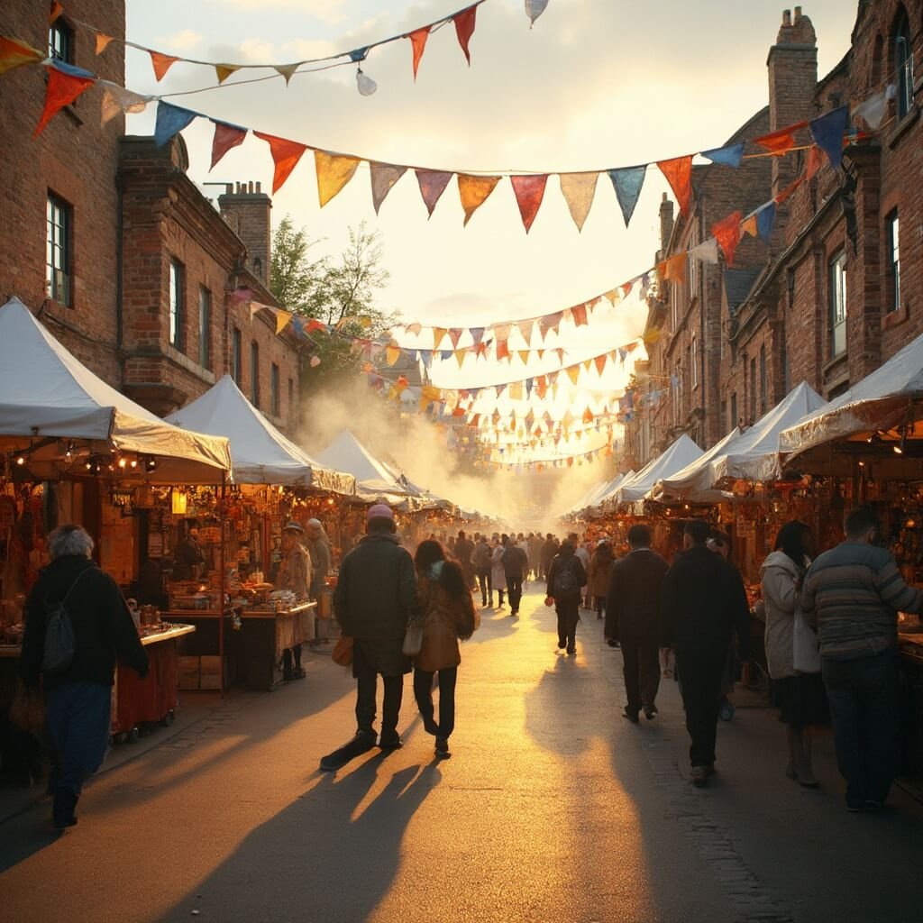 10 Small Town Festivals in the U.S. That Will Blow Your Mind (And Your Travel Plans) Small-town festival on main street at golden hour with colorful bunting, string lights, artisans booths, browsing festival-goers, and brick buildings, with smoke trails from food vendors grilling.
