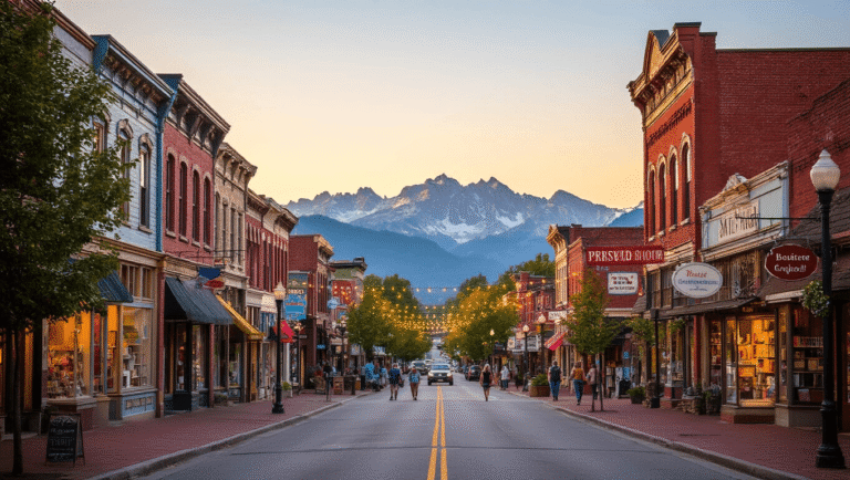 America's Hidden Treasures: 6 Small-Town Main Streets That Will Blow Your Mind "Charming small-town main street at golden hour, with Victorian storefronts, brick buildings, mountain backdrop, local businesses such as an ice cream shop and bookstore, people strolling on tree-lined sidewalks, string lights overhead, creating a warm, nostalgic atmosphere."