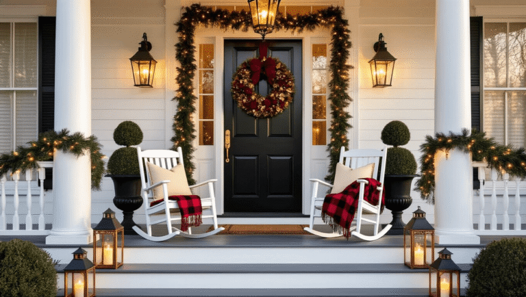Deck the Halls: Your Ultimate Guide to Stunning Christmas Porch Decor A southern veranda at golden hour features a black front door with a burgundy and gold Christmas wreath, flanked by topiaries, vintage rocking chairs, and layered lanterns, all illuminated by warm sunlight and decorated with string lights and evergreen garland.