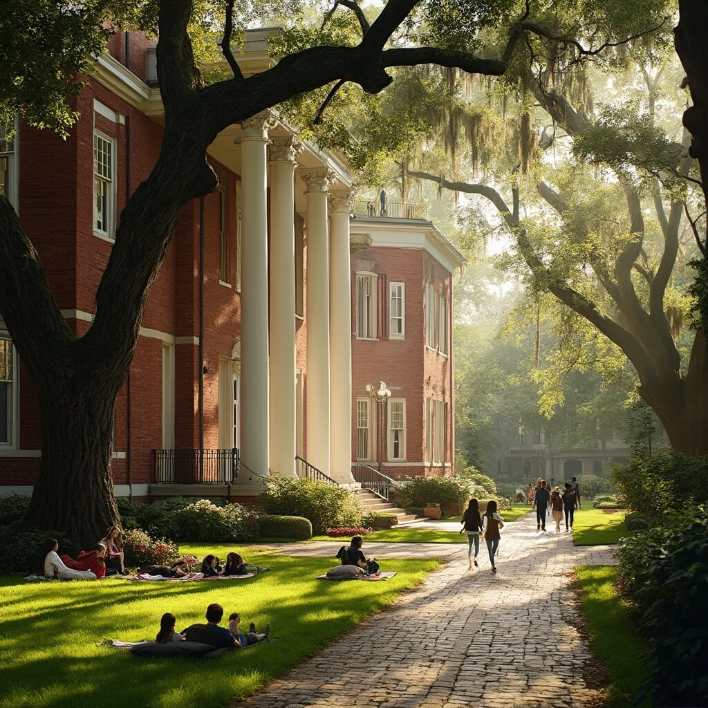 Students studying on lawn near historic red brick building with white columns, surrounded by blooming dogwoods and azaleas in dappled afternoon sunlight