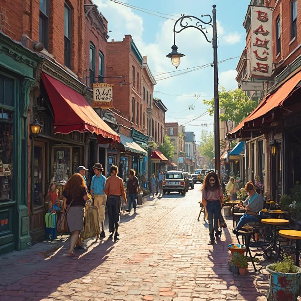 Stillwater, Oklahoma: The Hidden Gem of College Towns You Never Knew Existed Downtown Stillwater street scene with historic storefronts, local artists, red brick buildings, outdoor cafe goers, and Americana architectural style in warm afternoon sunlight