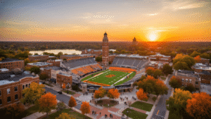 Stillwater, Oklahoma: The Hidden Gem of College Towns You Never Knew Existed "Aerial view of Oklahoma State University in Stillwater at sunset featuring Boone Pickens Stadium, historic downtown, OSU bell tower, campus quad, with OSU colors adorned banners and fall foliage, depicting college life and modern university facilities blending with Oklahoma landscape."