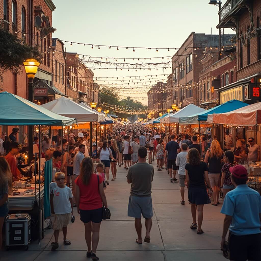 Stillwater, Oklahoma: The Hidden Gem of College Towns You Never Knew Existed Crowds enjoying live music at the Red Dirt music festival in downtown Stillwater with colorful food tents, historic brick buildings, string lights, and a blend of families and college students.