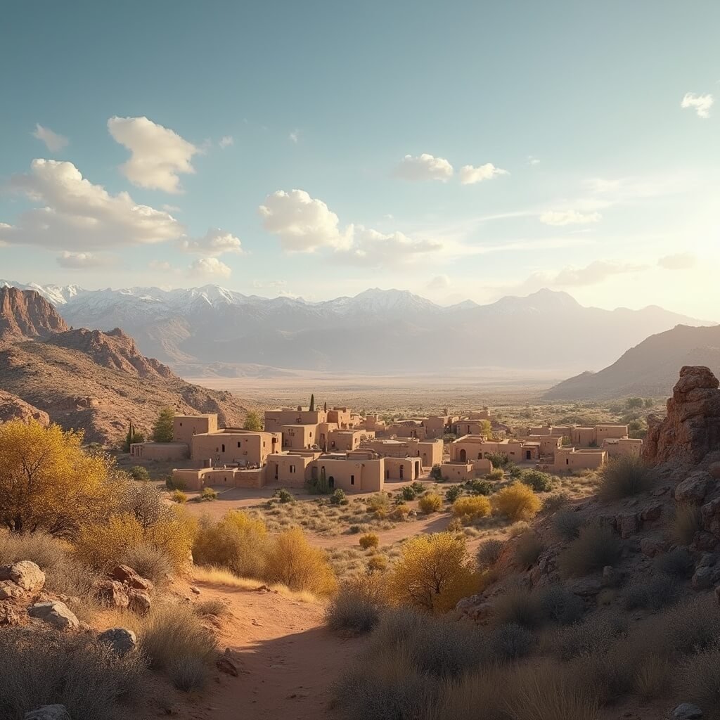 Taos Unfiltered: The Hidden Gem of New Mexico That'll Blow Your Mind Panoramic view of Taos landscape featuring adobe buildings, rugged terrain, Sangre de Cristo Mountains and expansive sky with wispy clouds