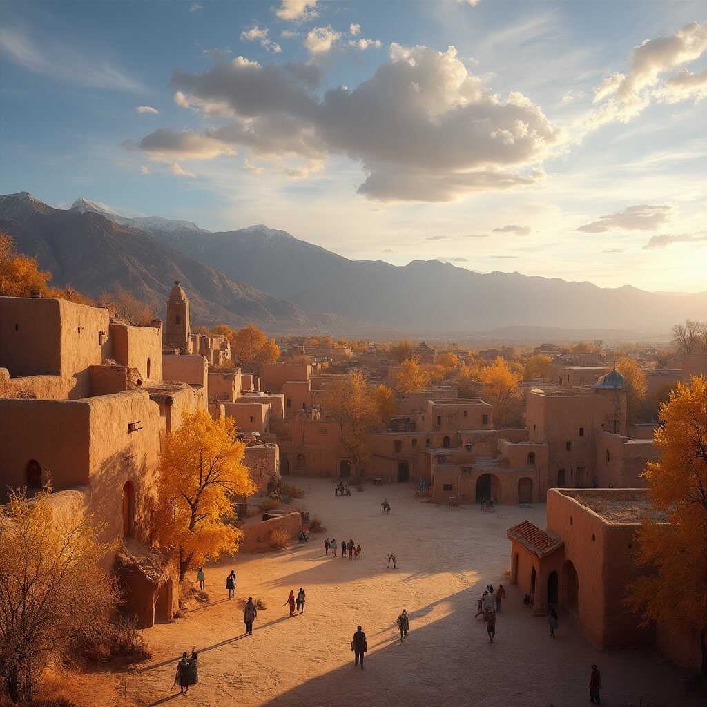 Taos Unfiltered: The Hidden Gem of New Mexico That'll Blow Your Mind Panoramic view of Taos Pueblo's adobe structures at golden hour in autumn, natives in a courtyard, vibrant fall cottonwood trees, and the Sangre de Cristo Mountains in the background