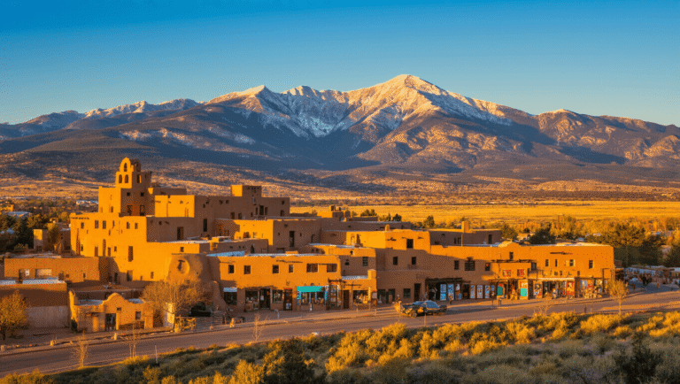 "Panoramic view of Taos, New Mexico during golden hour, showcasing adobe buildings of Taos Pueblo, San Francisco de Asis Church, snow-capped Sangre de Cristo Mountains, Rio Grande Gorge, art galleries with Native American and Southwestern artworks, and high desert terrain dotted with sage brush and piñon trees."